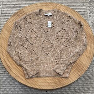 LOFT Beige/Tan Diamond Open-Stitch Crewneck Sweater